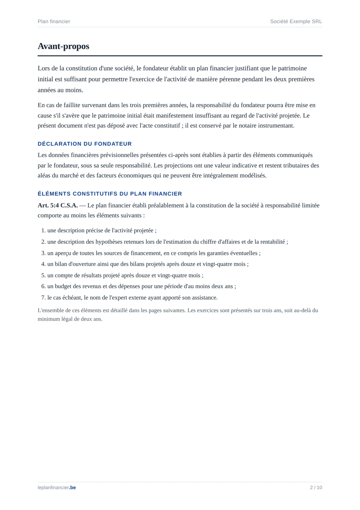 Extrait du document : la page d'avant-propos, qui rappelle le cadre légal et les sept éléments exigés.
